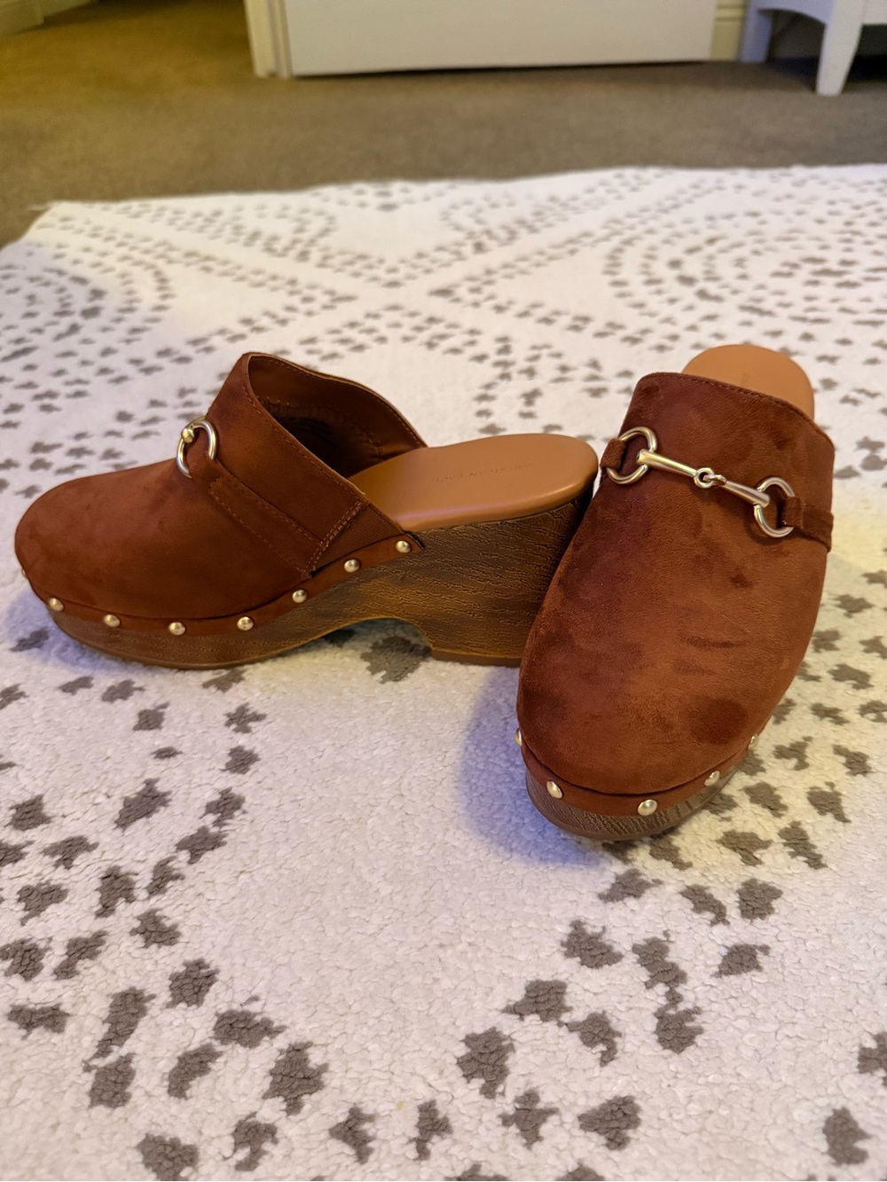 American Eagle Outfitters Rust Brown Suede Clog Mules with Gold Hardware